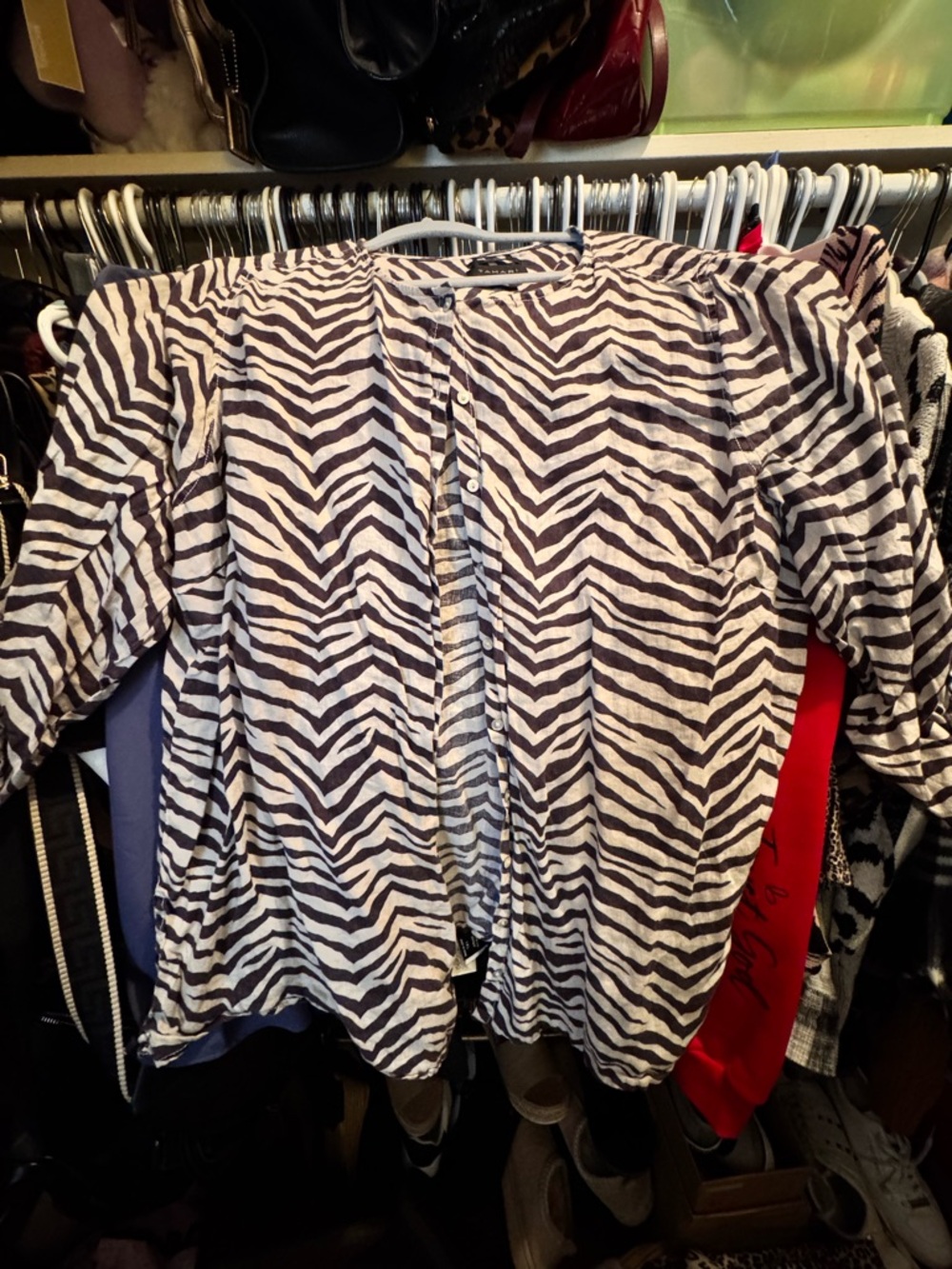 Tahari Black and White Zebra-Print Button Front Top